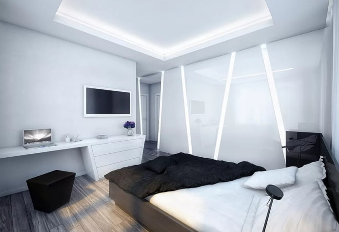 Beleuchtung im Inneren des Schlafzimmers im High-Tech-Stil