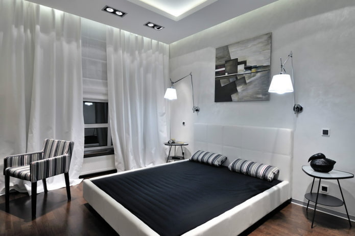 hálószoba dekoráció és világítás fekete-fehér