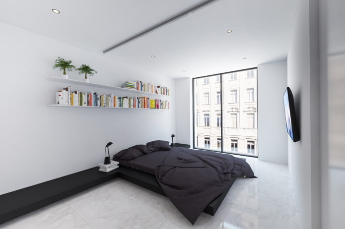 hálószoba belső fekete-fehér, a minimalizmus stílusában