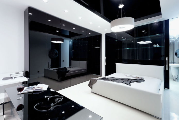 furnishings in the bedroom interior in black and white