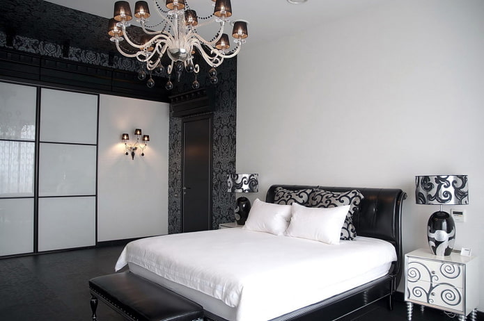 Schlafzimmereinrichtung in Schwarz-Weiß im Art-Deco-Stil
