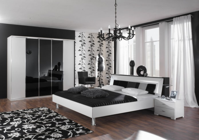 furnishings in the bedroom interior in black and white