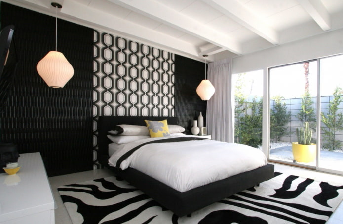 bedroom decor and lighting in black and white