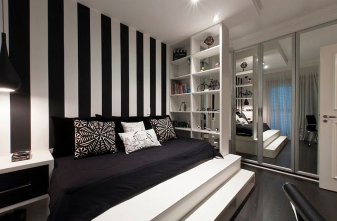 hálószoba belsőépítészet fekete-fehér