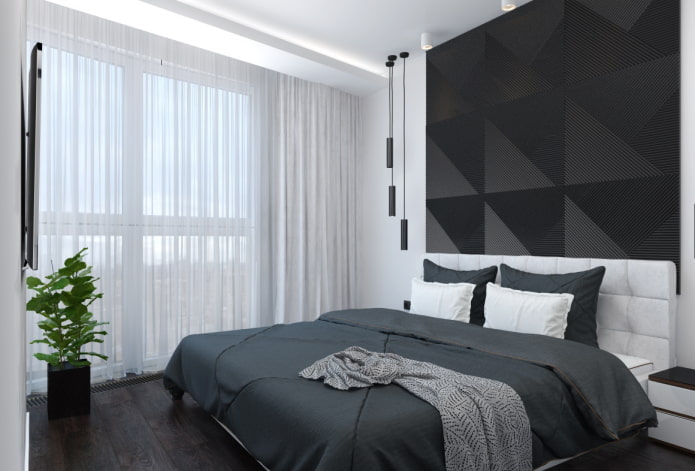 hálószoba belső fekete-fehér, modern stílusban
