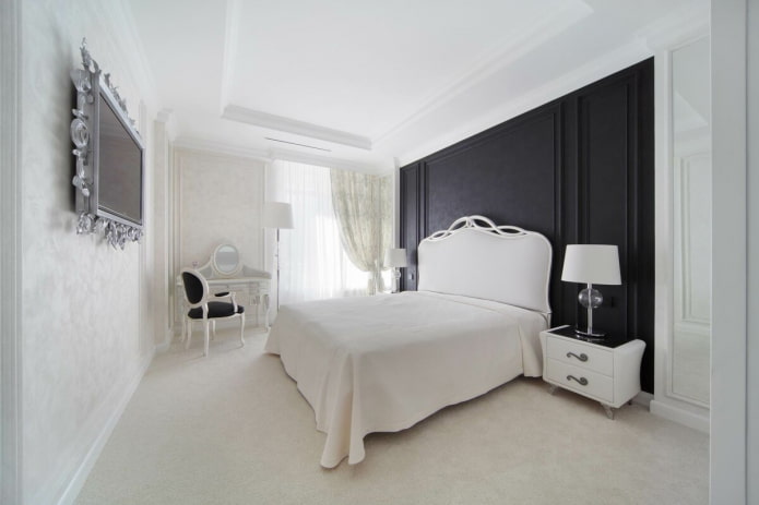 hálószoba belső fekete-fehér klasszikus stílusban