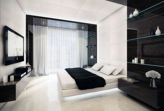 црно-бели ентеријер спаваће собе у високотехнолошком стилу
