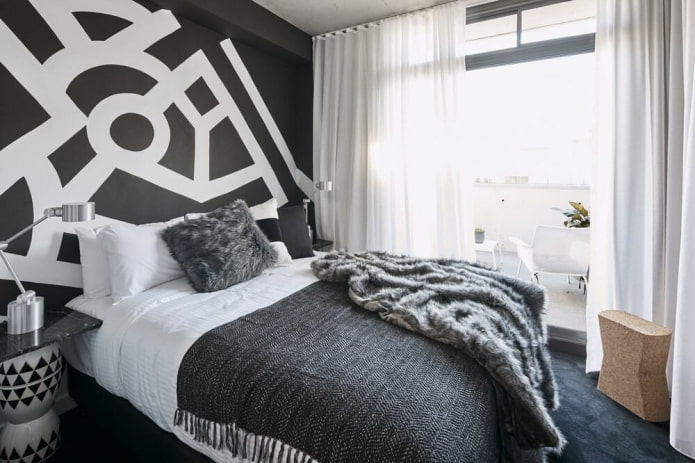 textiles in the interior of the bedroom in black and white