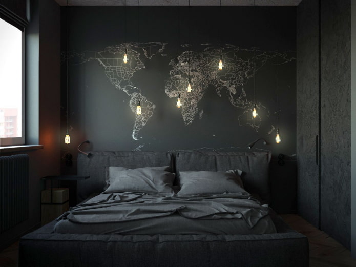 Einrichtung und Beleuchtung im Schlafzimmer in Schwarztönen