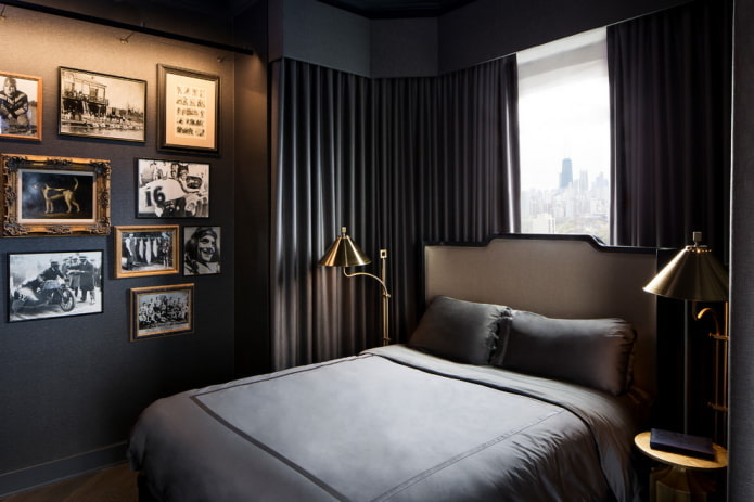 decor and lighting in the bedroom in black tones