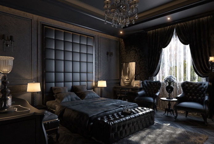 Möbel im Inneren des Schlafzimmers in Schwarztönen
