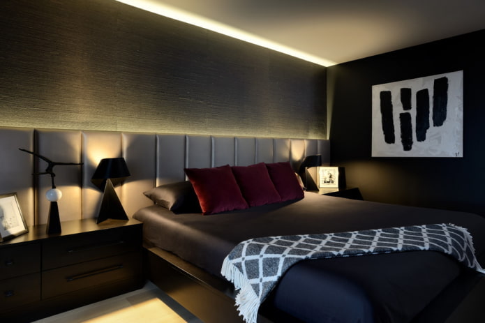 декор и осветљење у спаваћој соби у црним тоновима