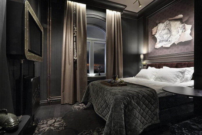 текстил у унутрашњости спаваће собе у црним бојама
