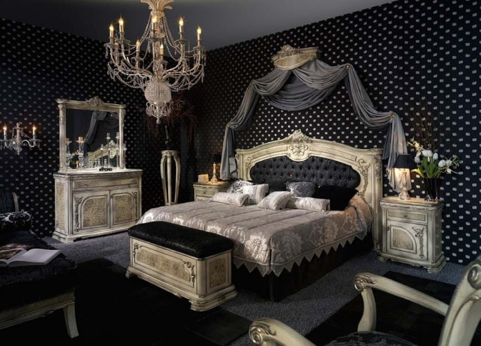 hálószoba fekete tónusokkal, barokk stílusban
