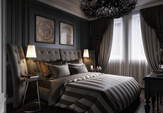 Schlafzimmer in Schwarztönen im Art-Deco-Stil