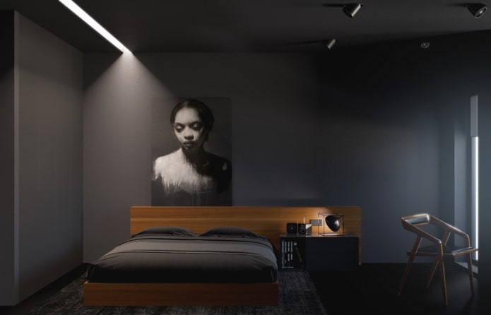 bedroom in black tones in the style of minimalism