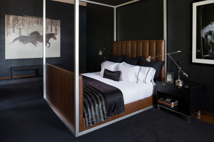furnishings in the interior of the bedroom in black tones