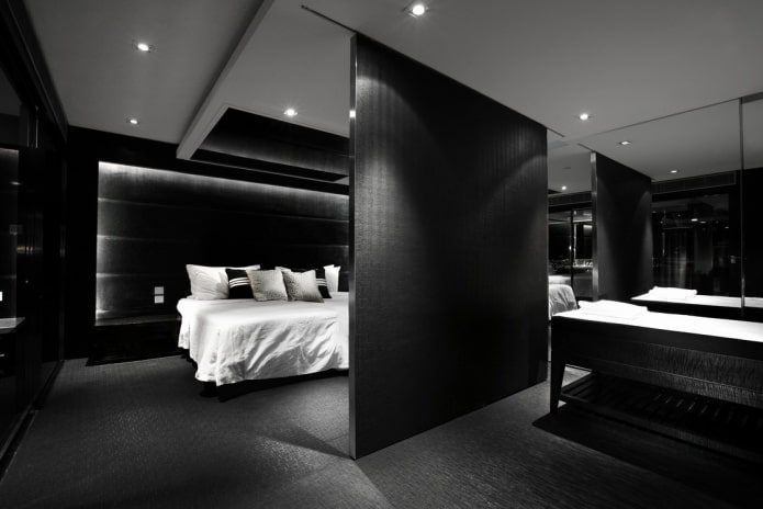 hálószoba belsőépítészet, fekete színben