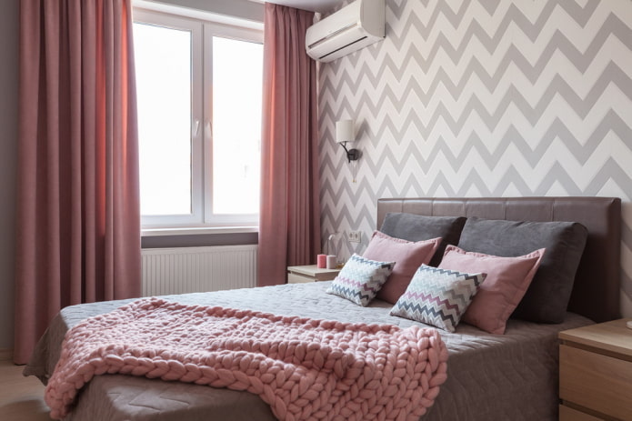 interior of a gray-pink bedroom