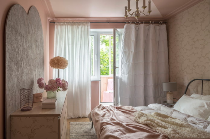 bedroom interior in pink and beige colors