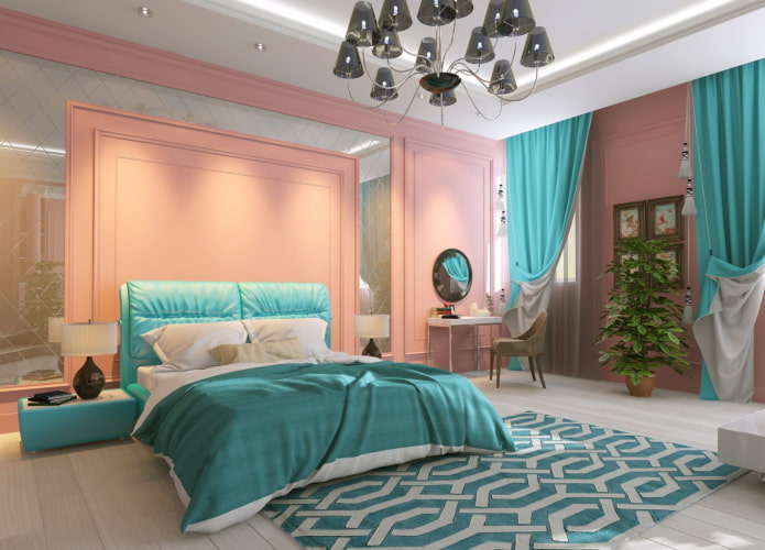 Schlafzimmereinrichtung in rosa und türkisfarbenen Farben