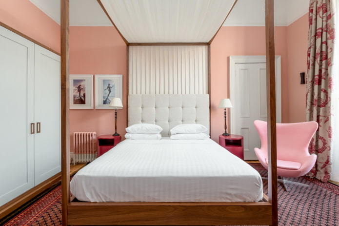 furnishings in the interior of the bedroom in pink tones