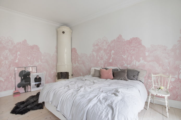 belső tér egy fehér és rózsaszín hálószoba