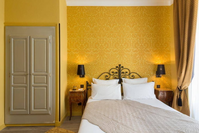 furnishings in the interior of the bedroom in yellow tones