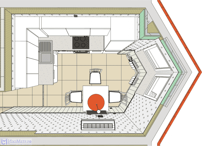 kitchen layout with a triangular bay window
