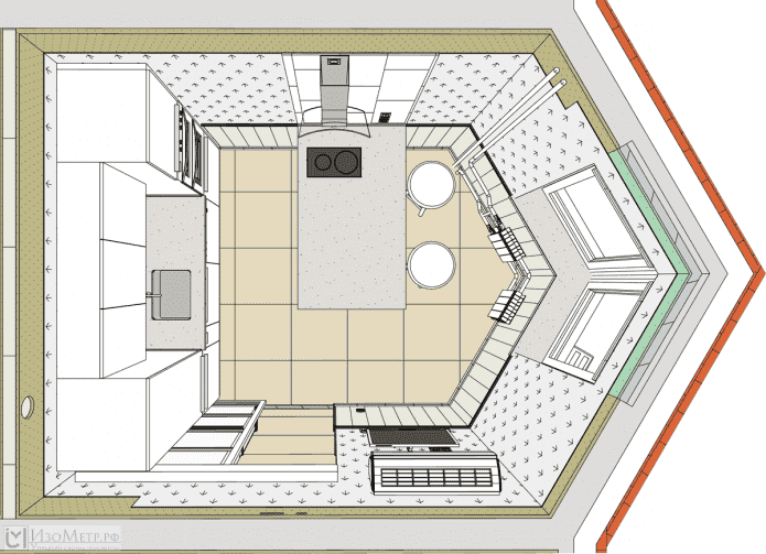 kitchen layout with a triangular bay window