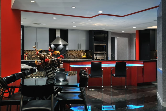 Piros és fekete konyha, szürke szekrénnyel