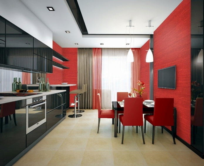 curtains to the red and black kitchen
