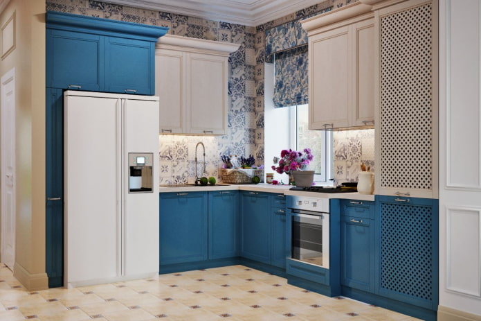 kitchen interior in beige and blue tones