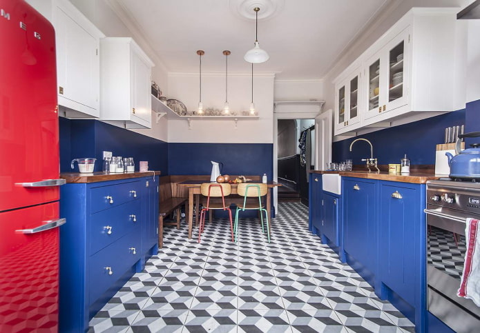 kitchen interior in blue tones with bright accents