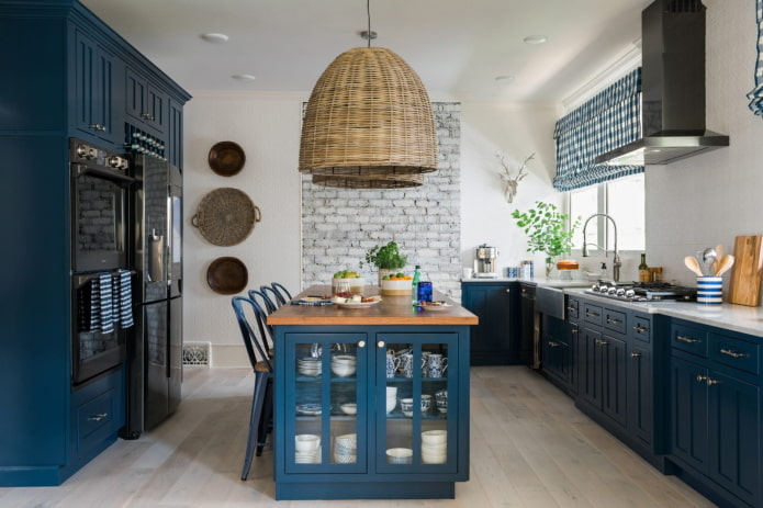 decor and lighting in the interior of the kitchen in blue tones