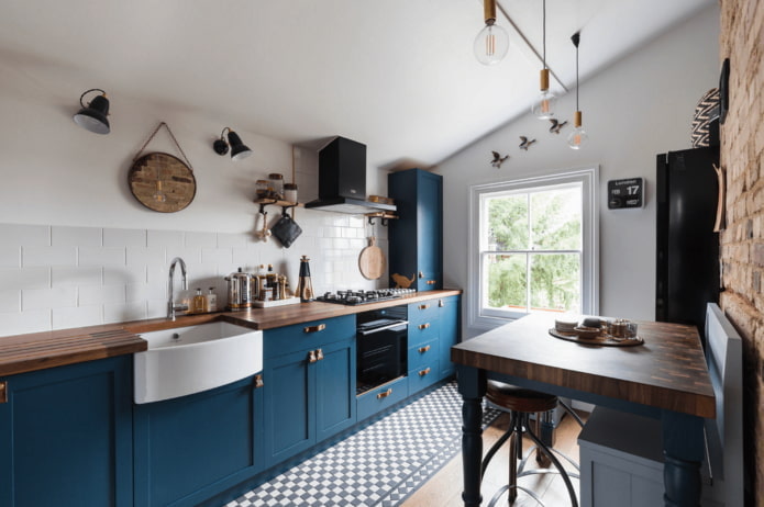kitchen in blue tones in Scandinavian style