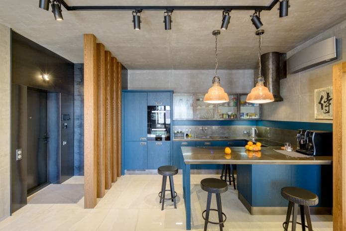 ห้องครัวโทนสีฟ้าสไตล์ลอฟท์