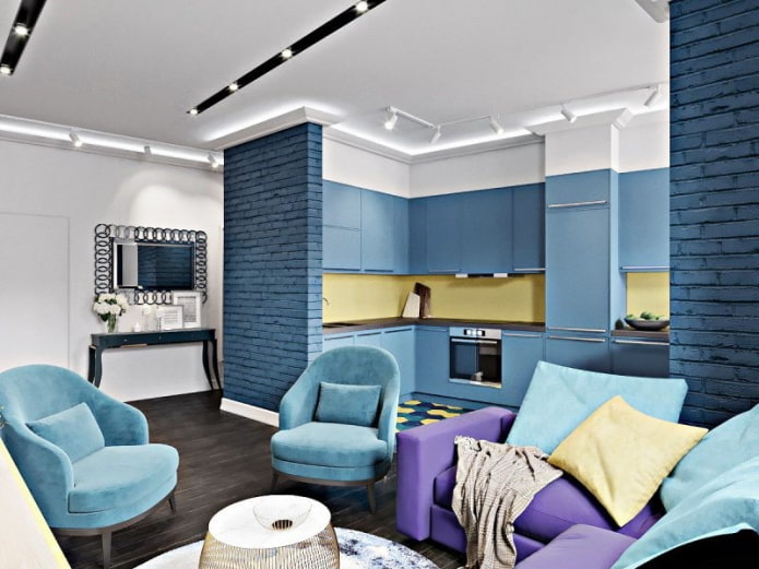 interior of the kitchen-living room in blue tones