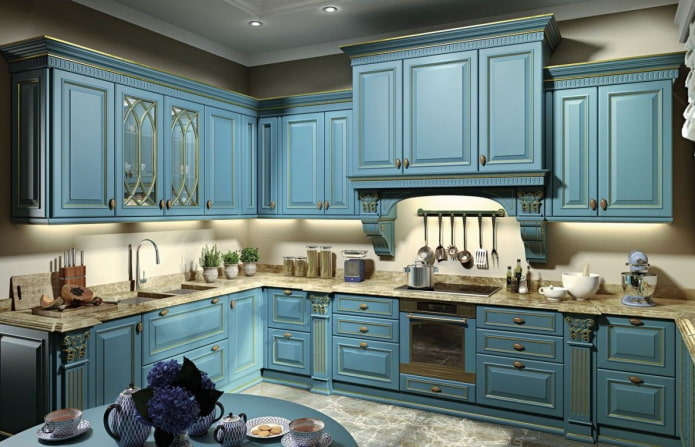 konyha kék színben, klasszikus stílusban