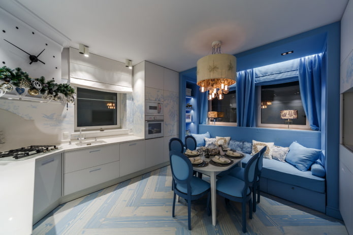 dining area in the interior of the kitchen in blue tones