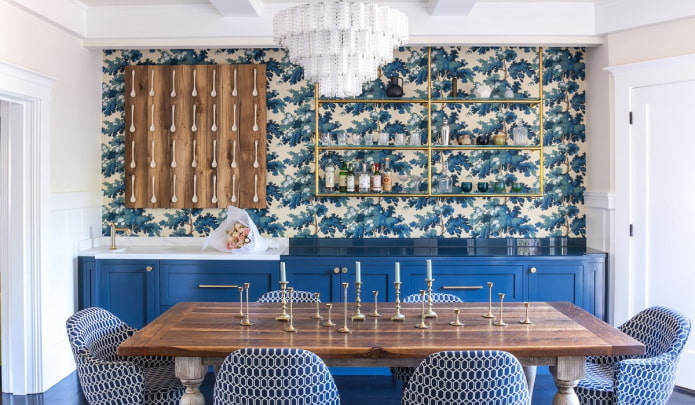 wallpaper in the interior of the kitchen in blue tones