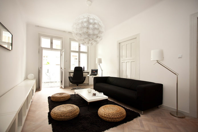 combination of colors in the living room in black and white