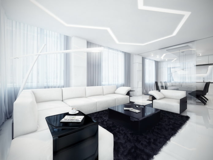 Wohnzimmer in Schwarz-Weiß im High-Tech-Stil