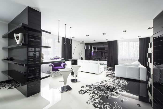 Wohnzimmer in Schwarz-Weiß im Art-Deco-Stil
