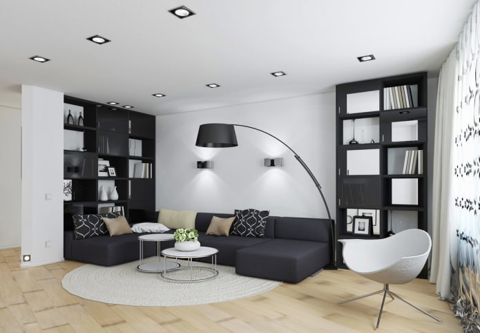 bútorok és textilek a nappaliban fekete-fehér színben