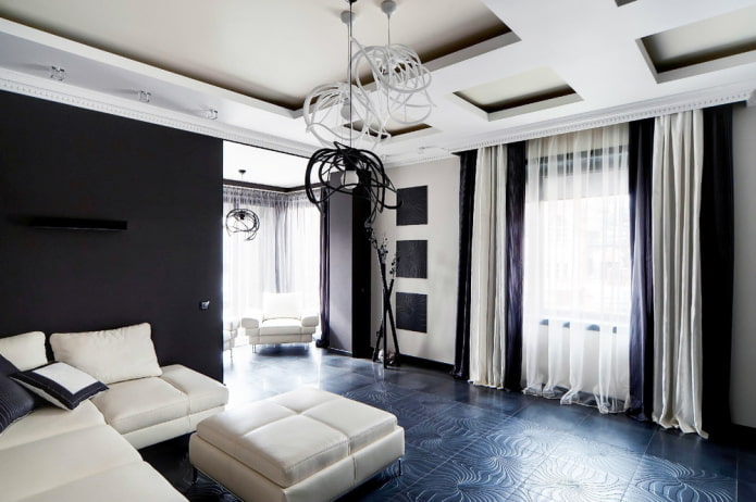 bútorok és textilek a nappaliban fekete-fehér színben