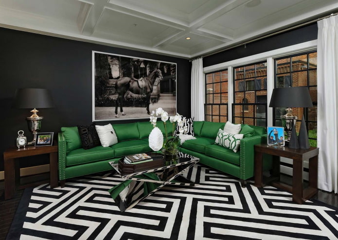 living room in black and white with bright accents