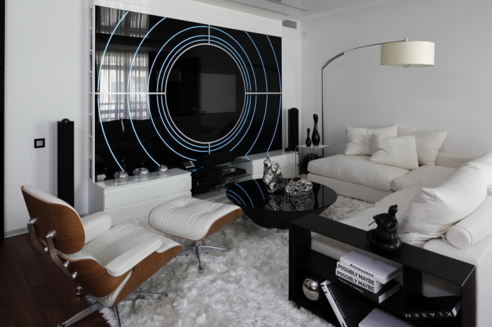 lighting and decor in the living room in black and white