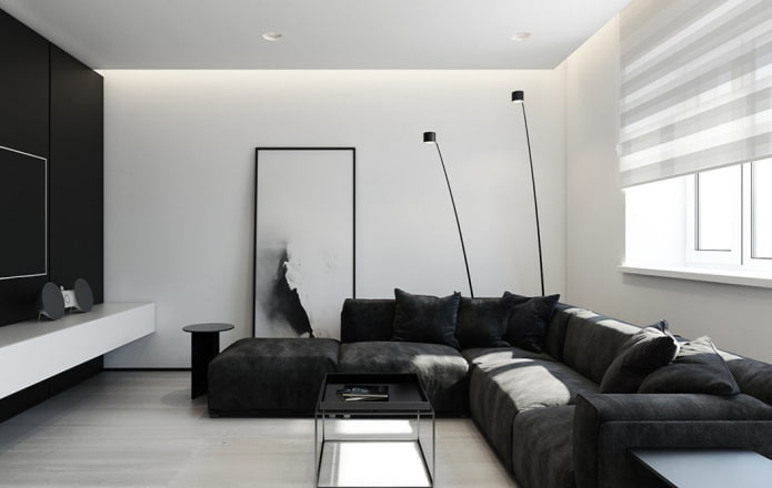 Wohnzimmer in Schwarz-Weiß im Stil des Minimalismus