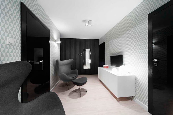 дизајн ентеријера дневне собе у црно-белој техници